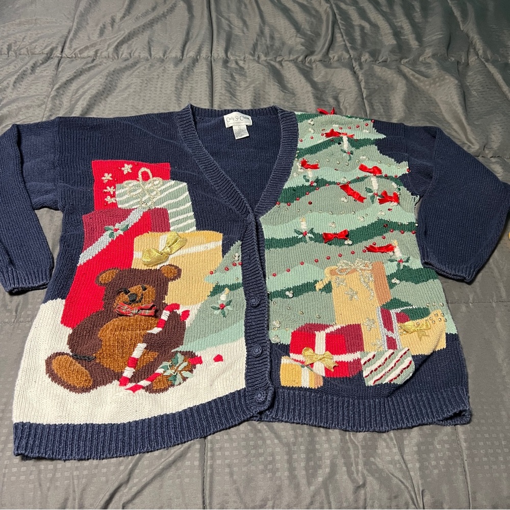 DAMAGED Carly St. Claire Christmas Teddy Cardigan Women's Size Large